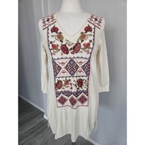 Boho Crewel Embroidered Johnny Was Floral Tunic Blouse Top Lightweight Sz S